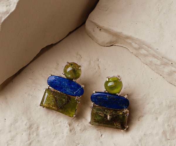 Bellflower: A handcrafted Earrings featuring Lapis Lazuli Peridot and hues of Blue Green.