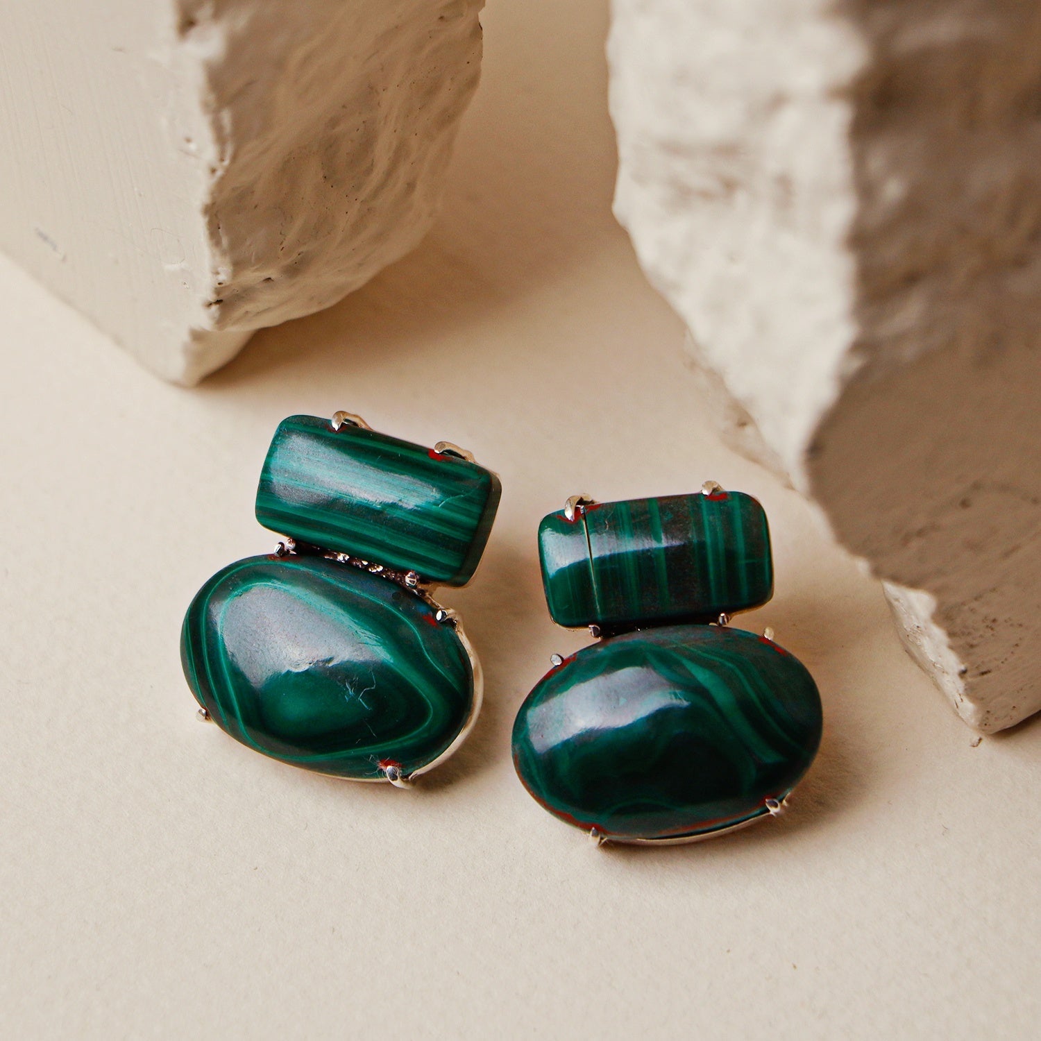 Aloe: A handcrafted Earrings featuring Malachite and hues of White Green.