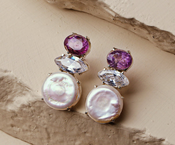 Lavender: A handcrafted Earrings featuring Amethyst Pearl  Zirconia and hues of Purple White.