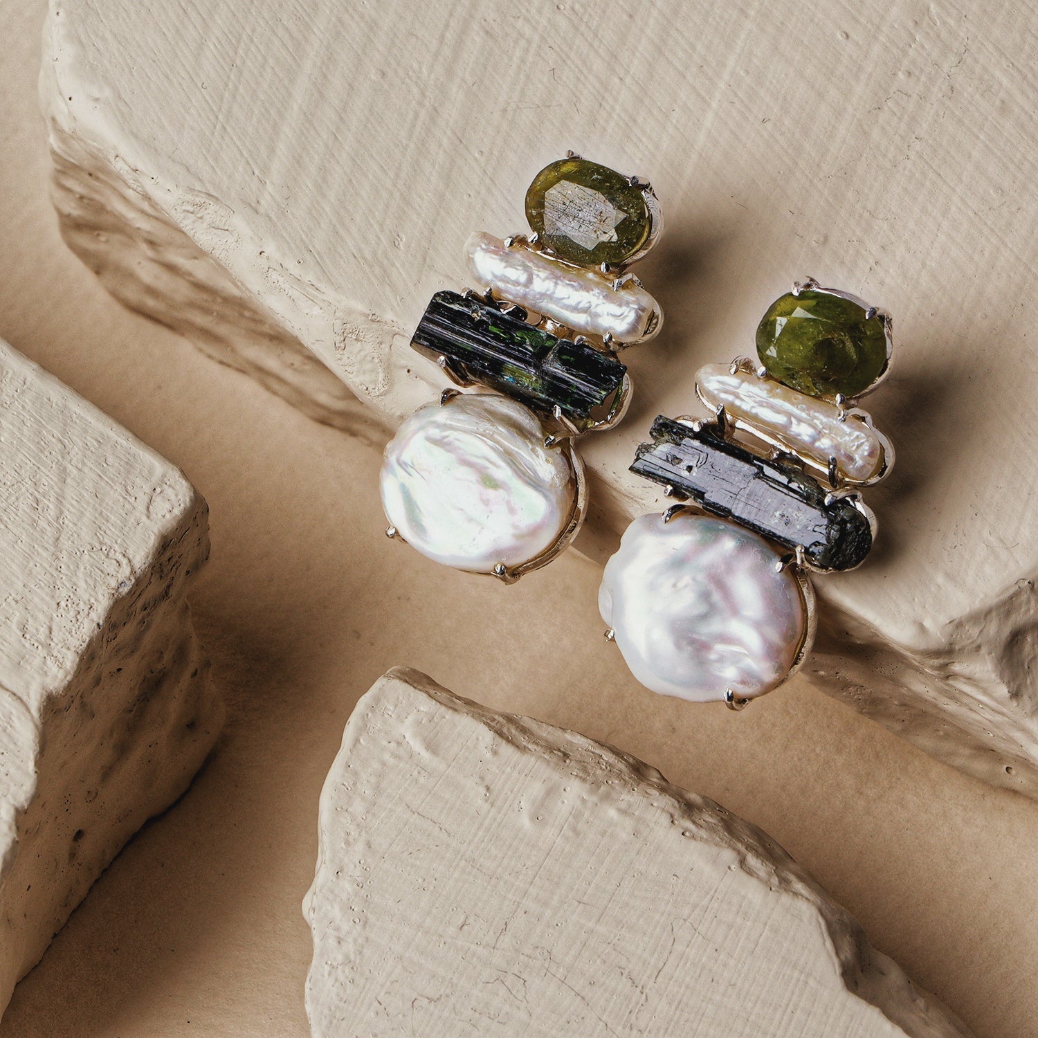 Wallflower: A handcrafted Earrings featuring Pearl Peridot Tourmaline and hues of Green White.