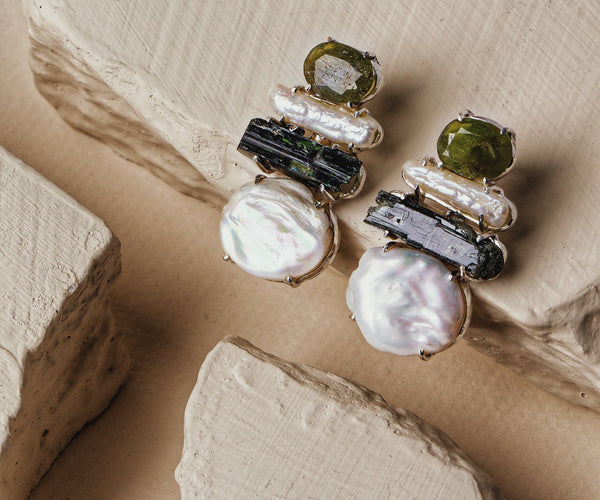 Wallflower: A handcrafted Earrings featuring Pearl Peridot Tourmaline and hues of Green White.