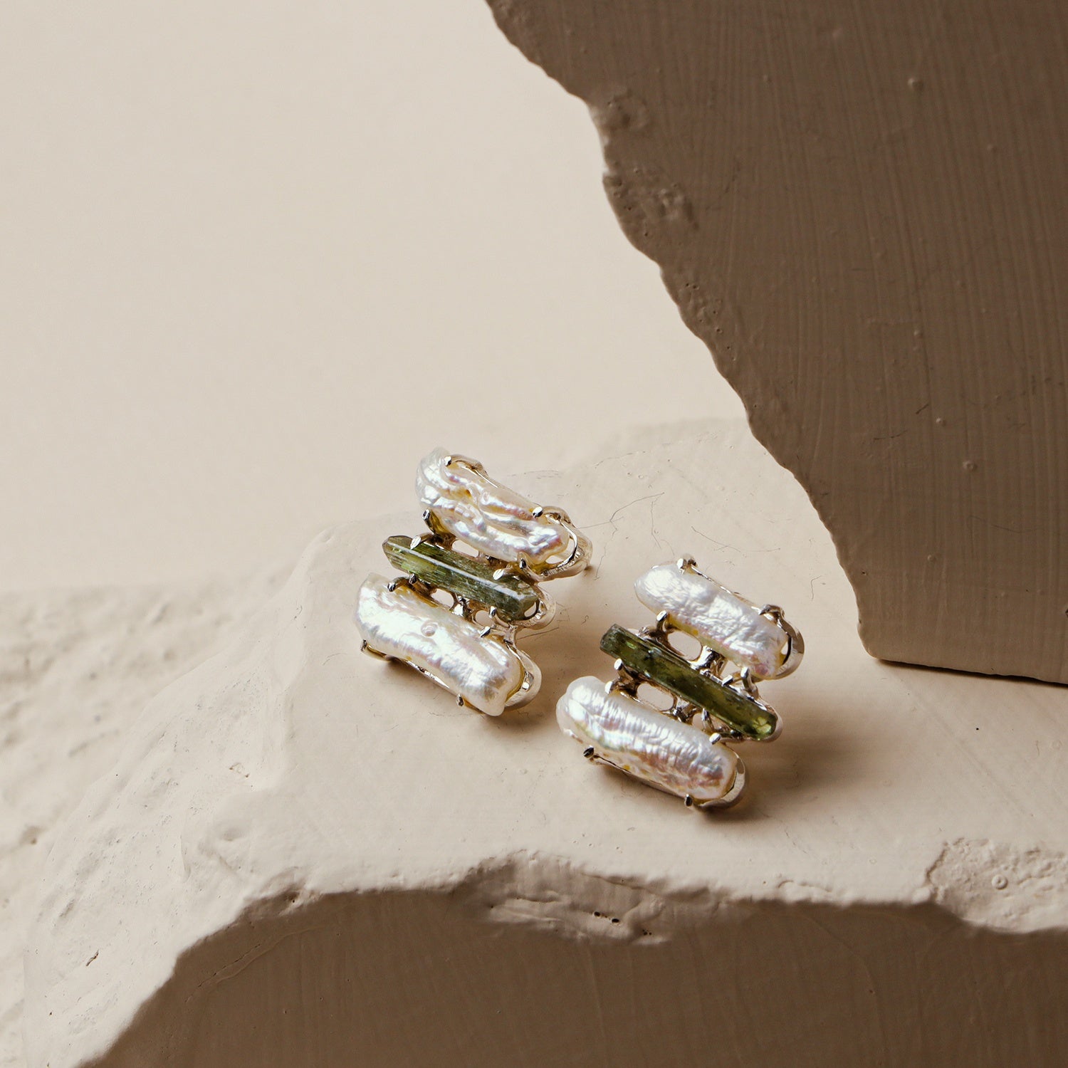Buckbean: A handcrafted Earrings featuring Pearl Tourmaline and hues of Green White.