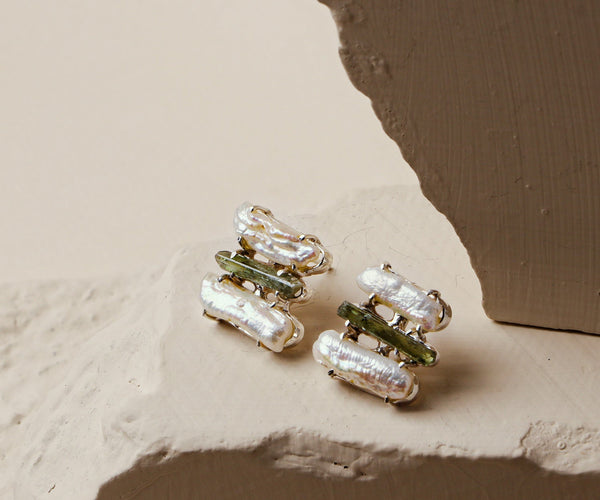Buckbean: A handcrafted Earrings featuring Pearl Tourmaline and hues of Green White.