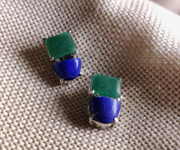 Indigo: A handcrafted Earrings featuring Jade Lapis Lazuli and hues of Blue Green.