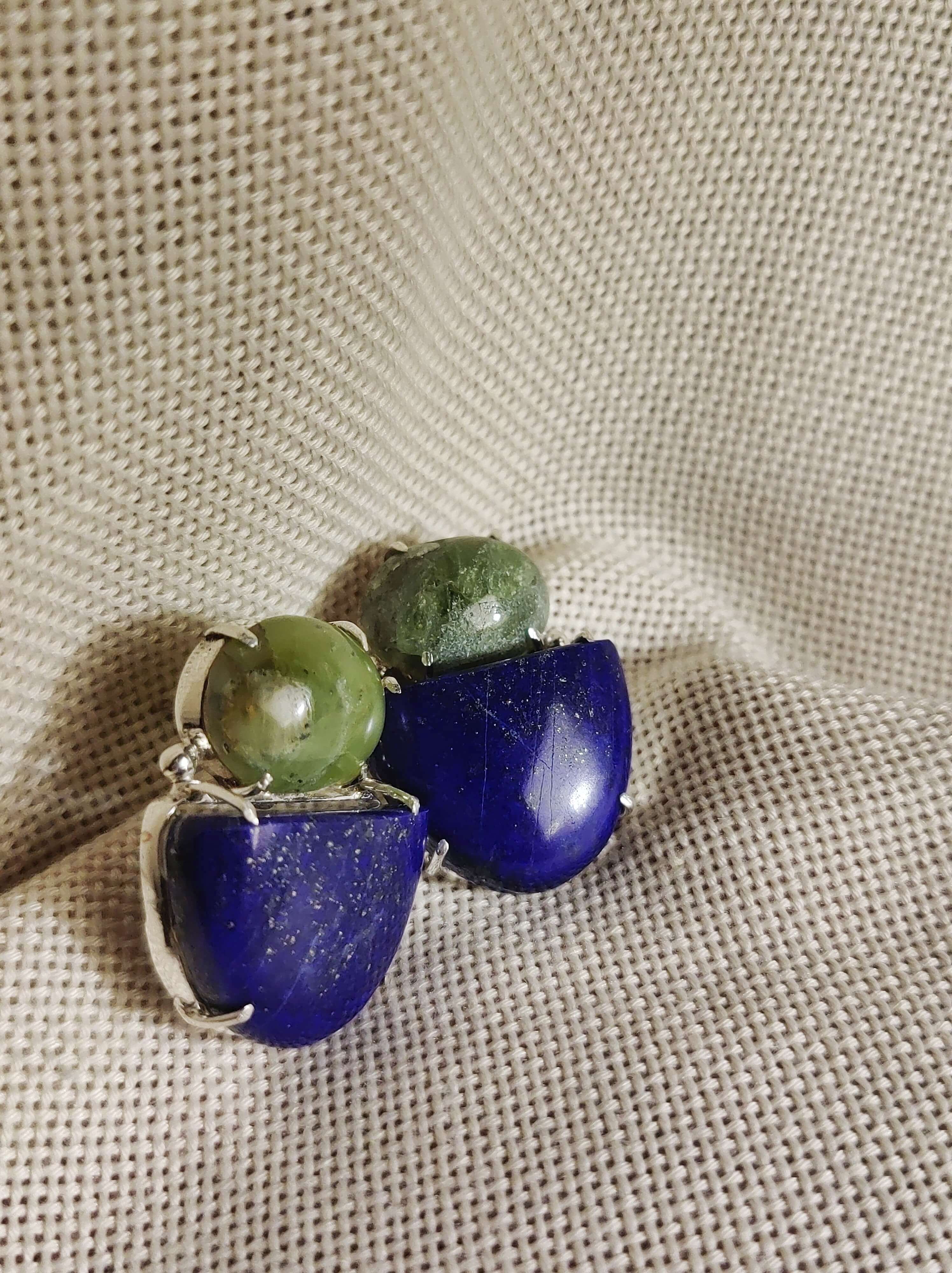 Lobelia: A handcrafted Earrings featuring Peridot Lapis Lazuli and hues of Green Blue.