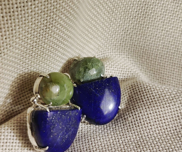 Lobelia: A handcrafted Earrings featuring Peridot Lapis Lazuli and hues of Green Blue.