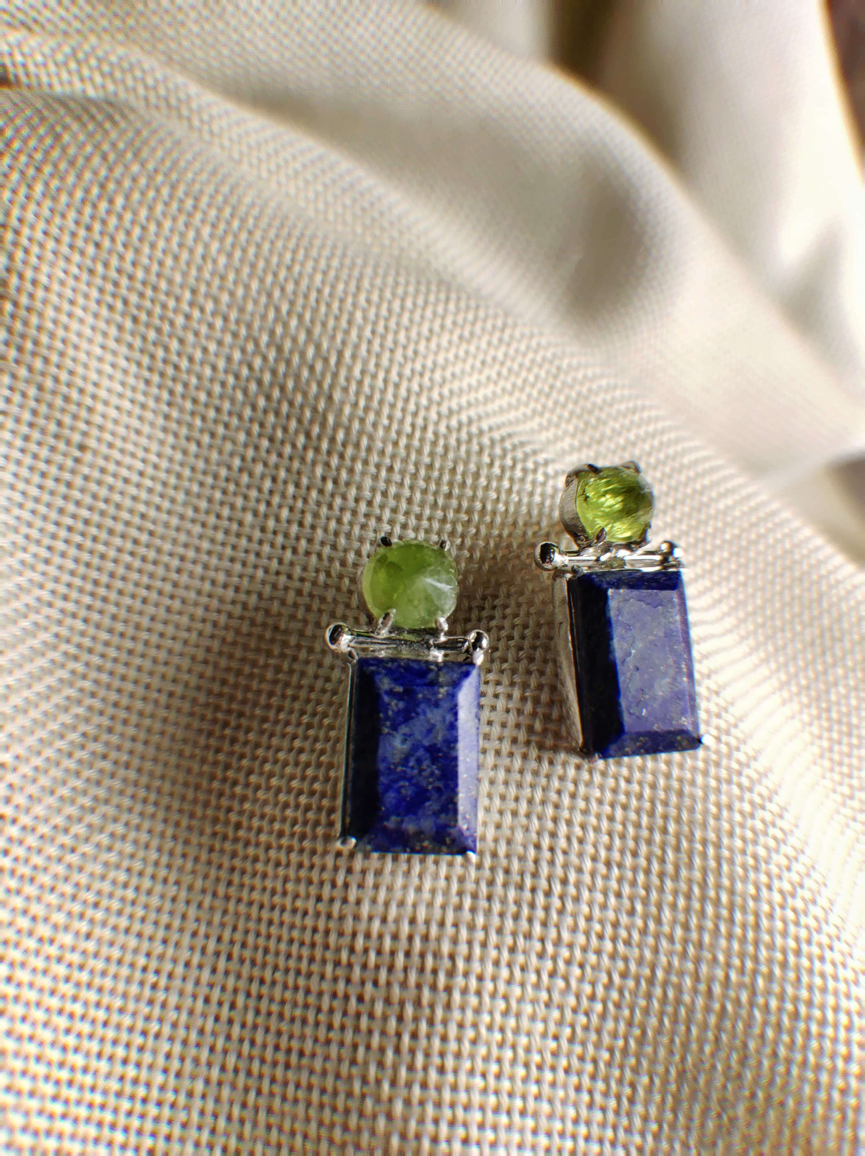 Phacelia: A handcrafted Earrings featuring Peridot Lapis Lazuli and hues of Green Blue.