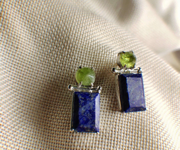 Phacelia: A handcrafted Earrings featuring Peridot Lapis Lazuli and hues of Green Blue.