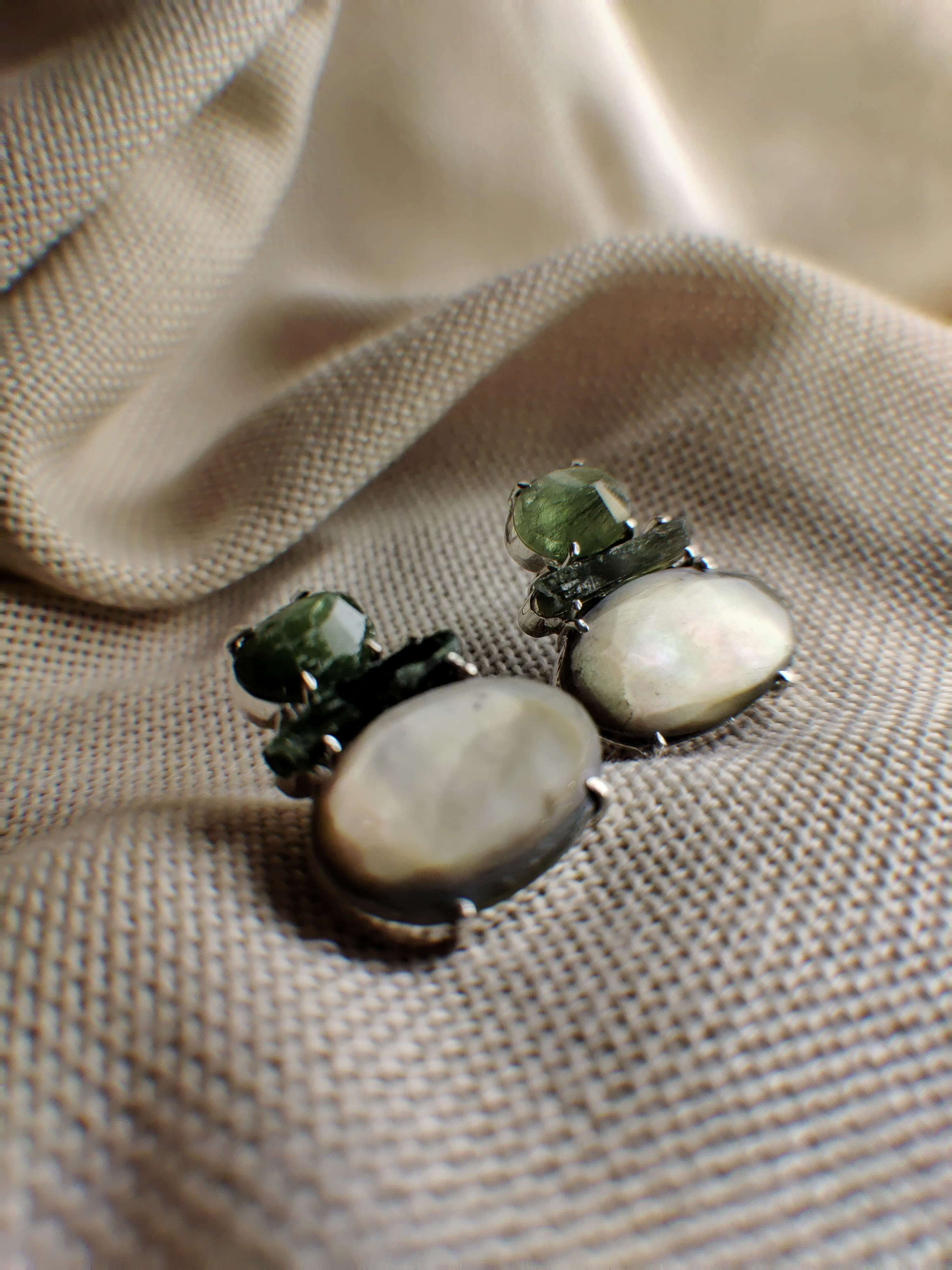 Gardenia: A handcrafted Earrings featuring Peridot Tourmaline  Mother Pearl and hues of White Green.