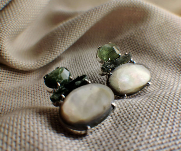 Gardenia: A handcrafted Earrings featuring Peridot Tourmaline  Mother Pearl and hues of White Green.