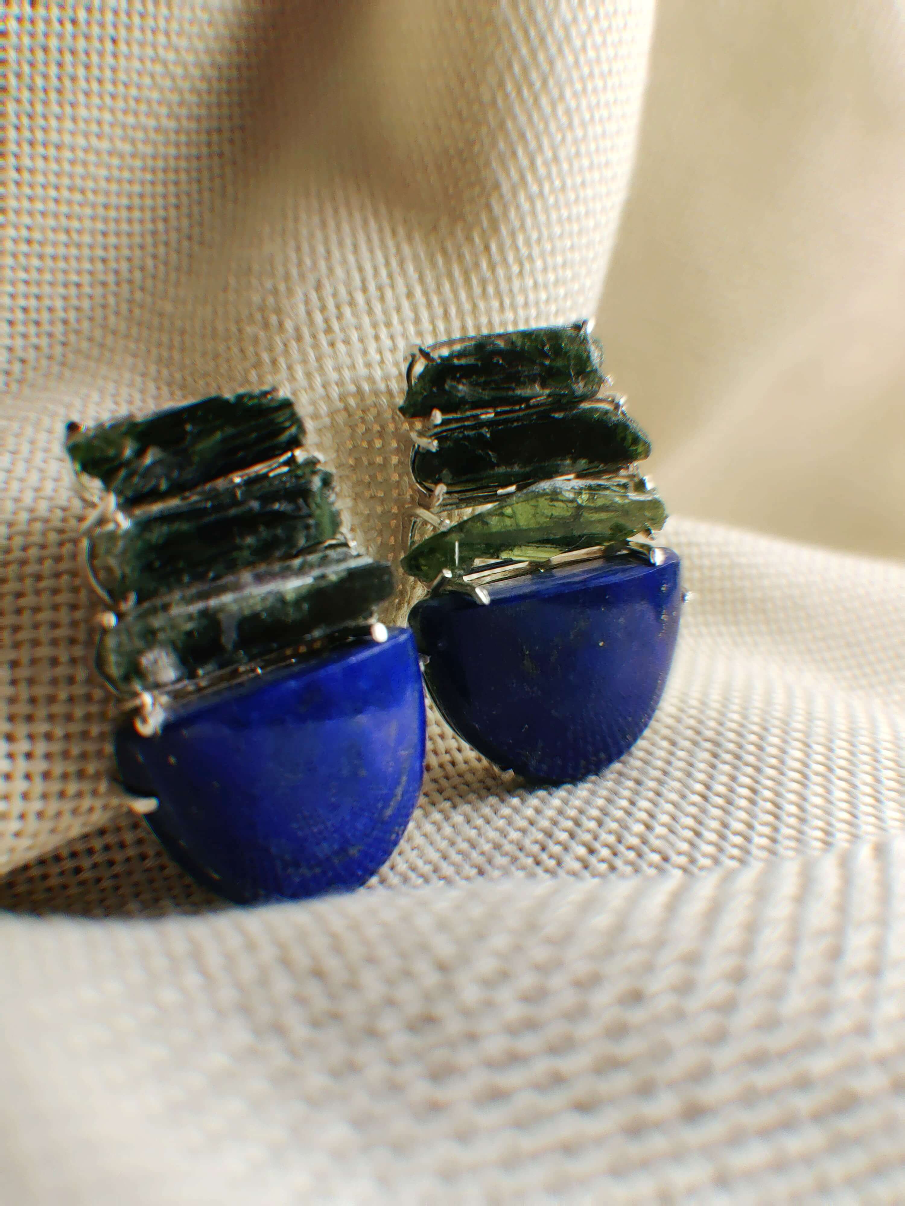 Blue poppies: A handcrafted Earrings featuring Tourmaline Lapis Lazuli and hues of Blue Green.