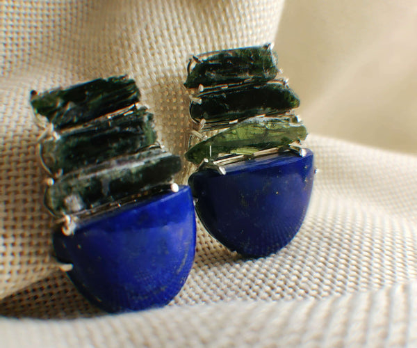 Blue poppies: A handcrafted Earrings featuring Tourmaline Lapis Lazuli and hues of Blue Green.