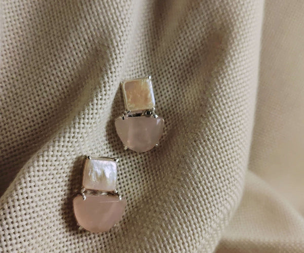 Gaura: A handcrafted Earrings featuring Peridot Quartz and hues of White Pink.