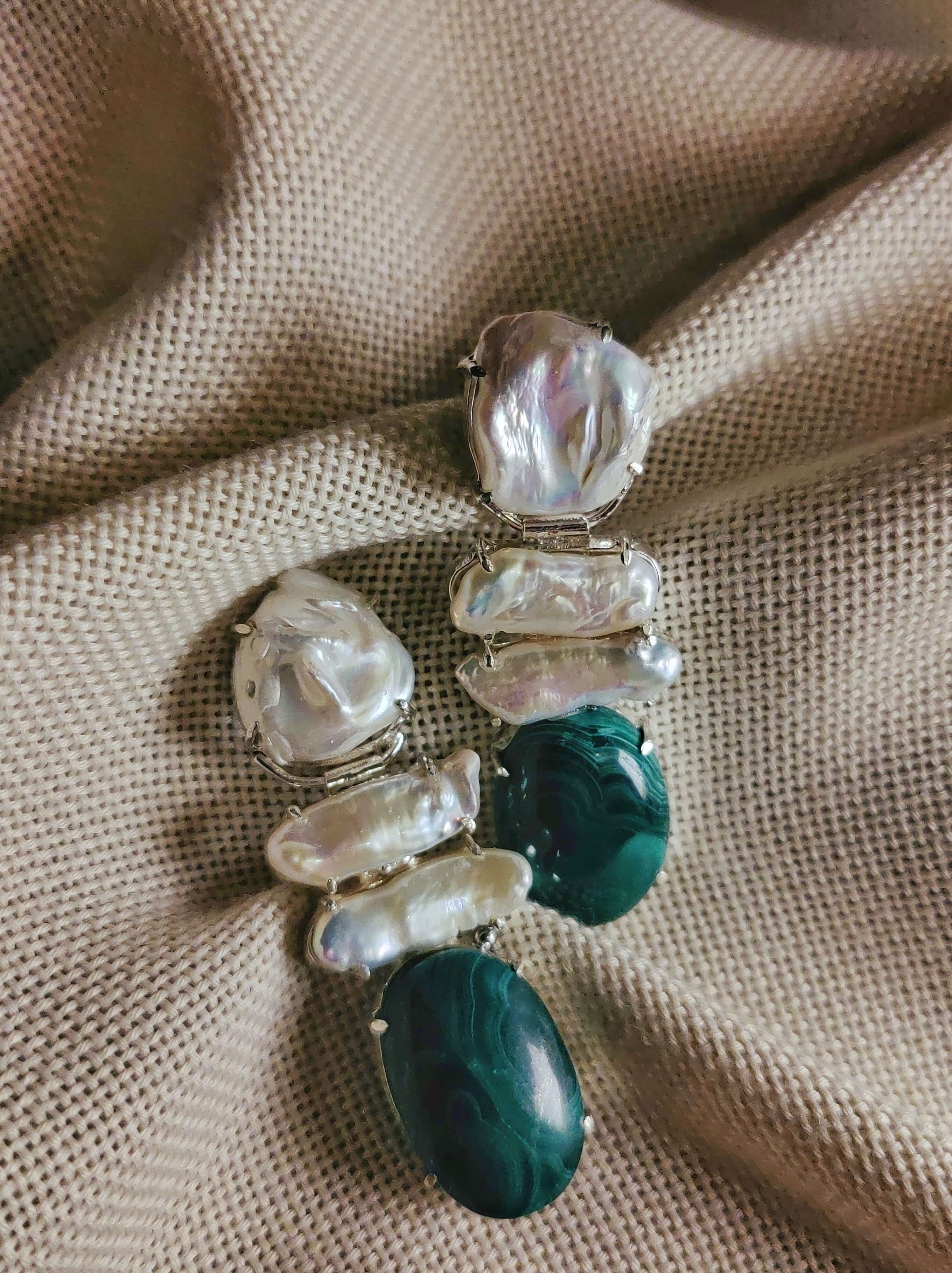 Clematis: A handcrafted Earrings featuring Pearl Malachite and hues of White Green.
