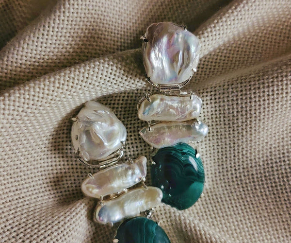 Clematis: A handcrafted Earrings featuring Pearl Malachite and hues of White Green.