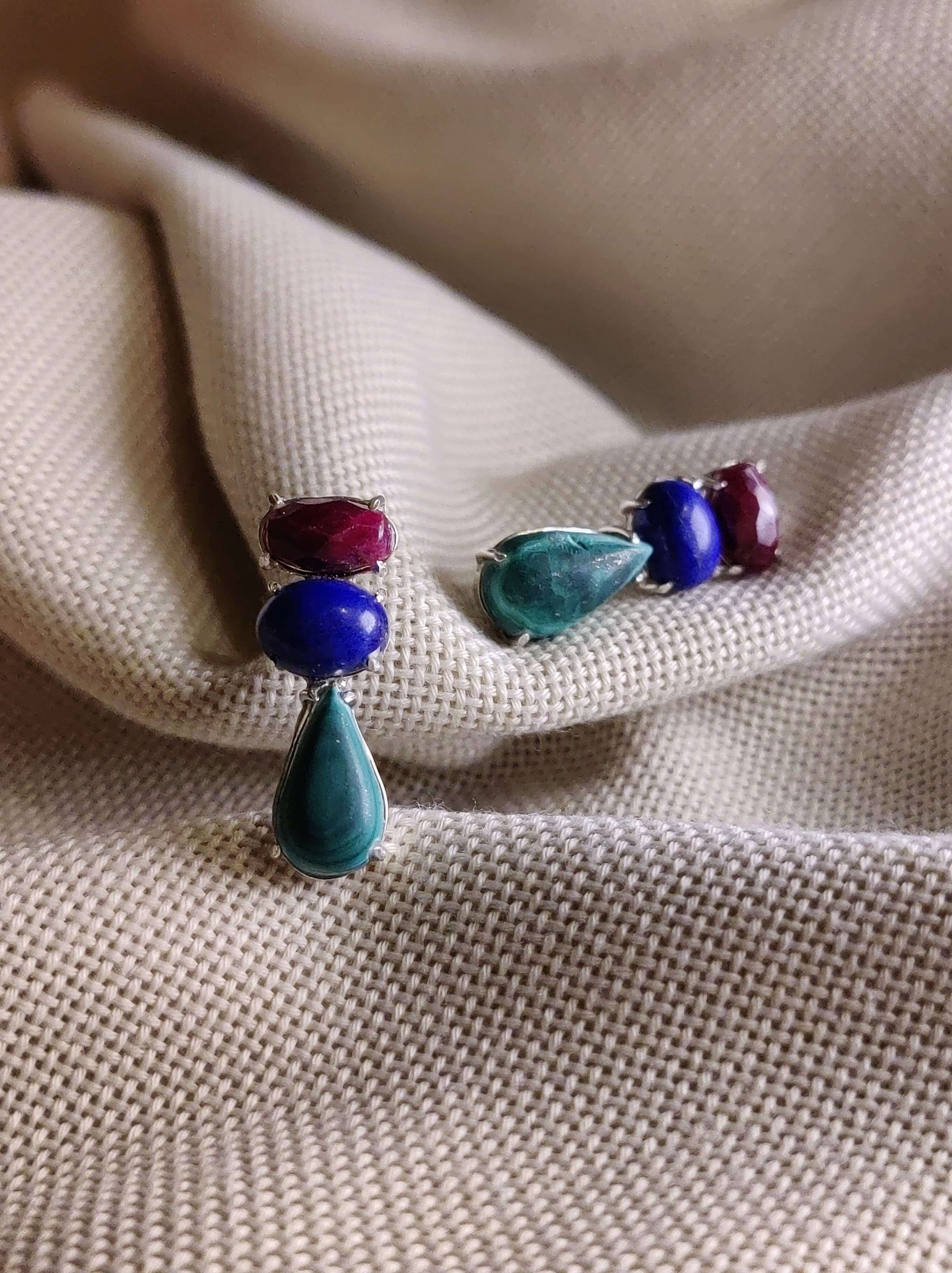 Zinnia: A handcrafted Earrings featuring Ruby Lapis Lazuli Turquoise and hues of Red Blue.