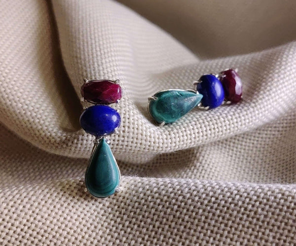 Zinnia: A handcrafted Earrings featuring Ruby Lapis Lazuli Turquoise and hues of Red Blue.