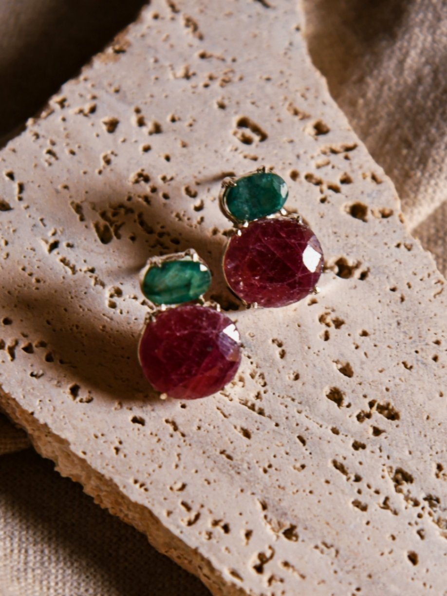 Roza: A handcrafted Earrings featuring Ruby Emerald and hues of Green Red.