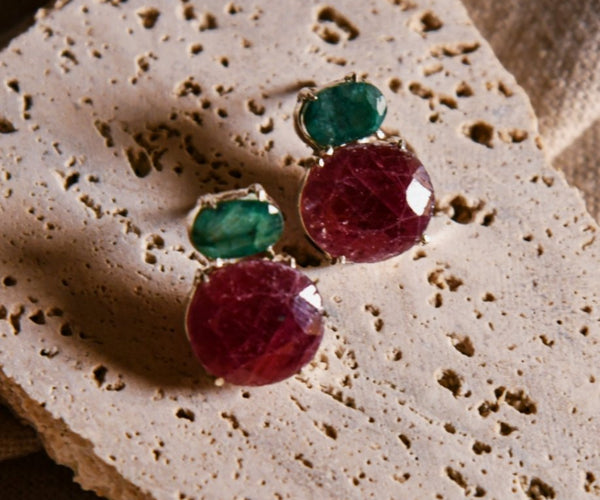 Roza: A handcrafted Earrings featuring Ruby Emerald and hues of Green Red.