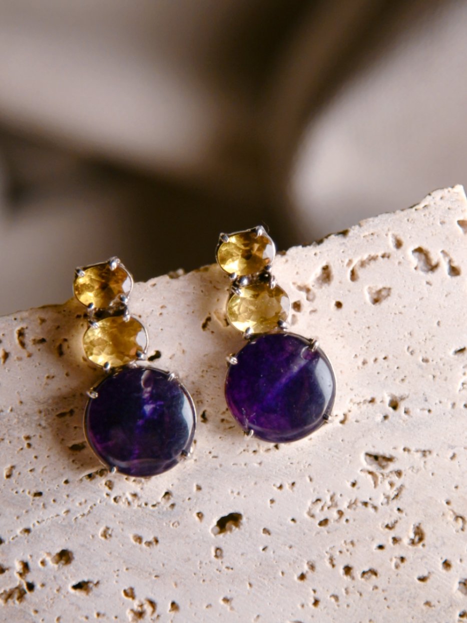 Abena: A handcrafted Earrings featuring Amethyst Citrine and hues of Purple Yellow.
