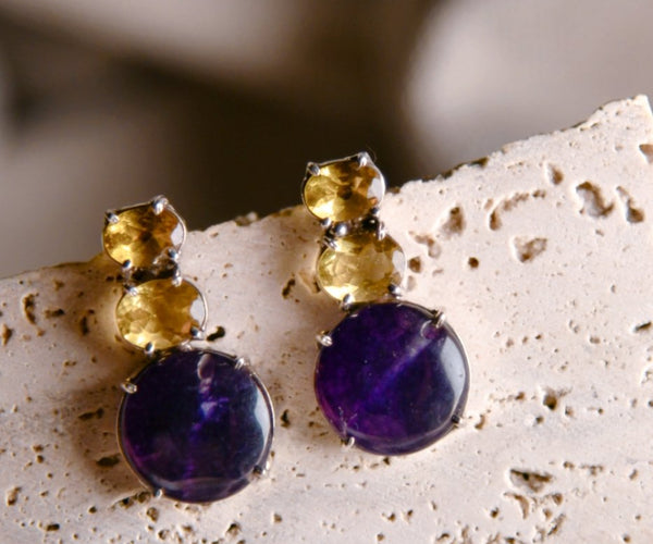 Abena: A handcrafted Earrings featuring Amethyst Citrine and hues of Purple Yellow.