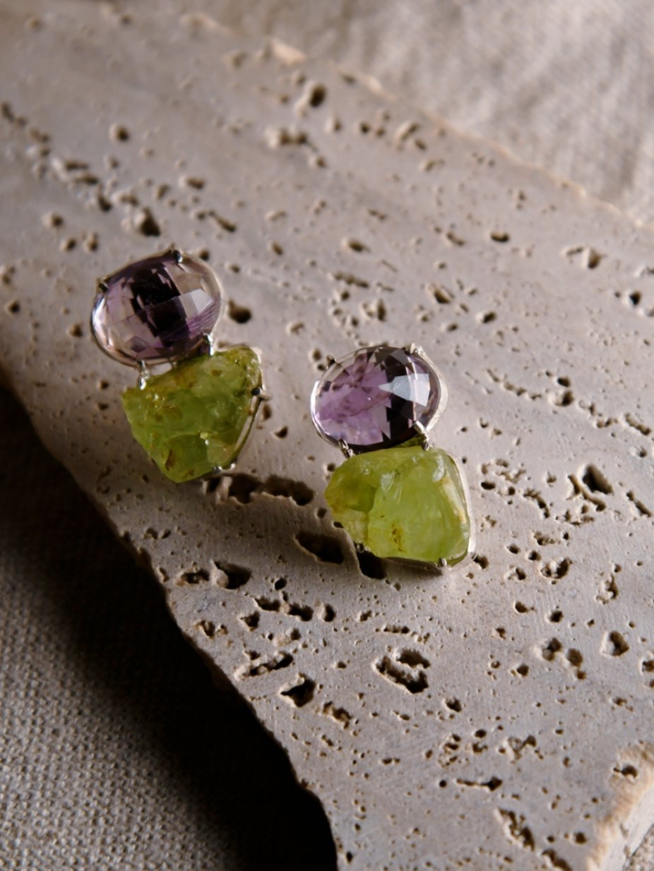 Ajuga: A handcrafted Earrings featuring Amethyst Peridot and hues of Purple Green.