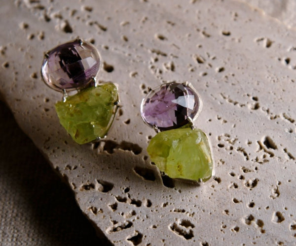 Ajuga: A handcrafted Earrings featuring Amethyst Peridot and hues of Purple Green.