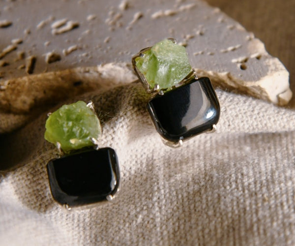 Beas: A handcrafted Earrings featuring Onyx Peridot and hues of Green Black.