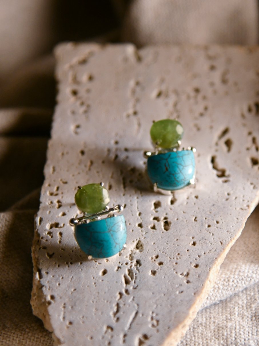 Enji: A handcrafted Earrings featuring Peridot Turquoise and hues of Green Blue.