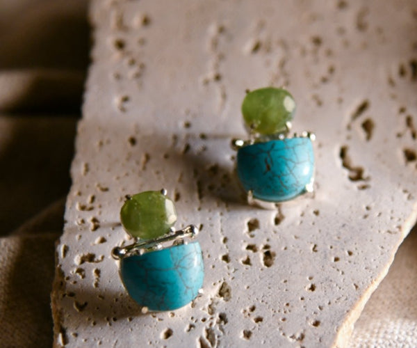 Enji: A handcrafted Earrings featuring Peridot Turquoise and hues of Green Blue.
