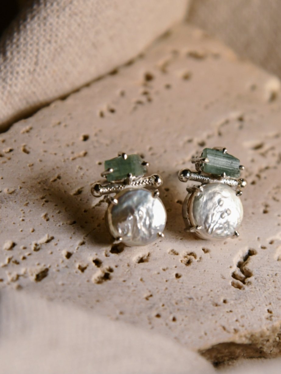 Shiroi: A handcrafted Earrings featuring Tourmaline Pearl and hues of Green White.