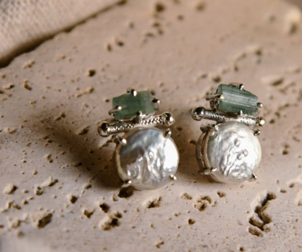 Shiroi: A handcrafted Earrings featuring Tourmaline Pearl and hues of Green White.