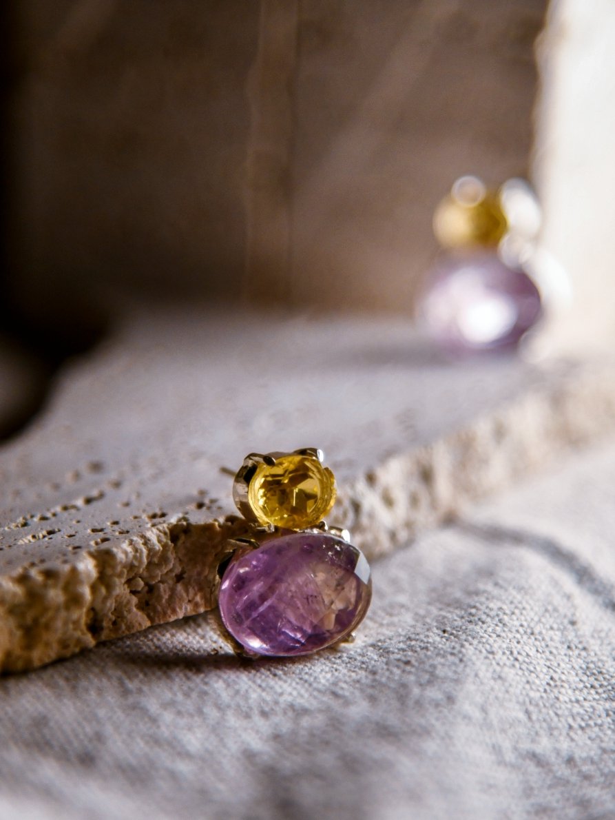 Osei: A handcrafted Earrings featuring Amethyst Citrine and hues of Purple Yellow.