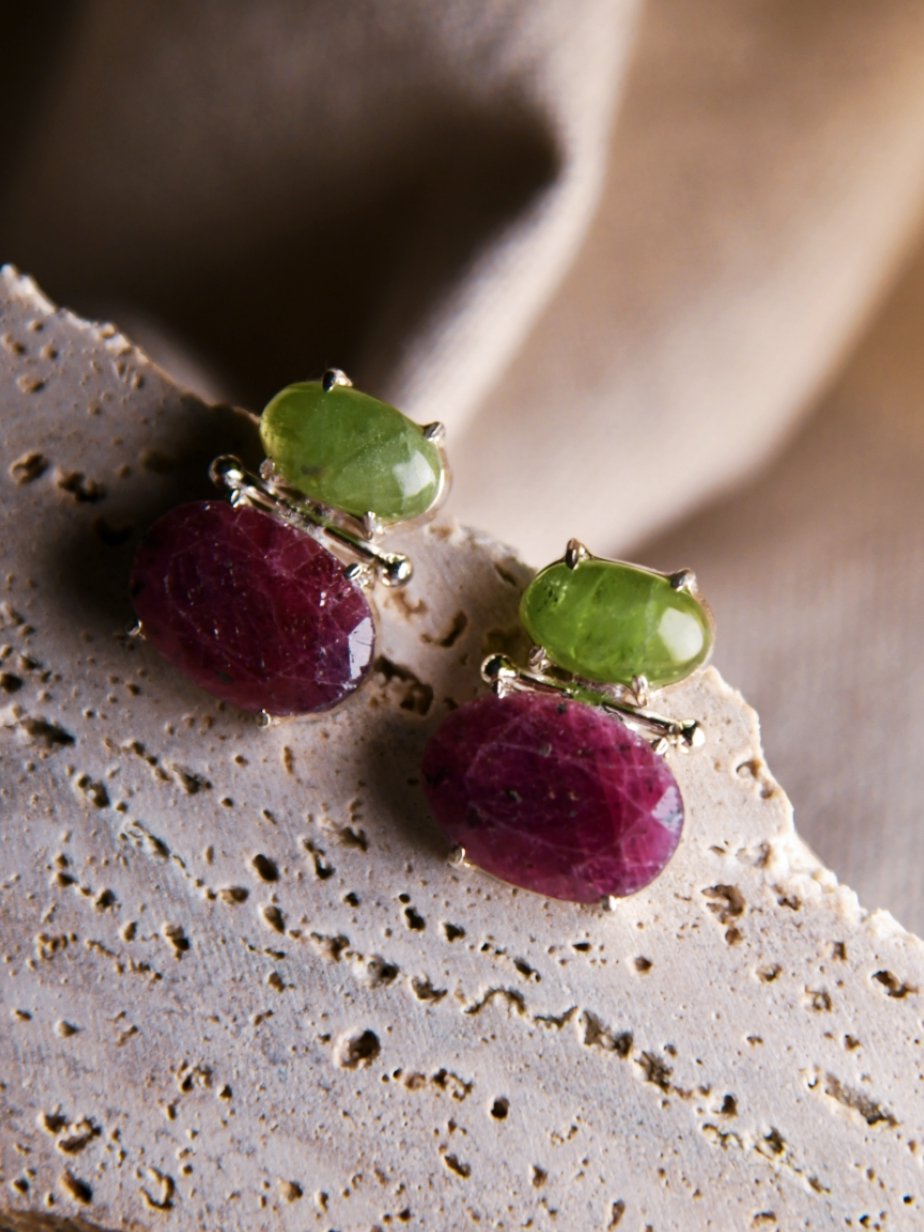 Mitsu: A handcrafted Earrings featuring Peridot Ruby and hues of Red Green.