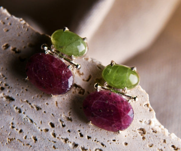 Mitsu: A handcrafted Earrings featuring Peridot Ruby and hues of Red Green.