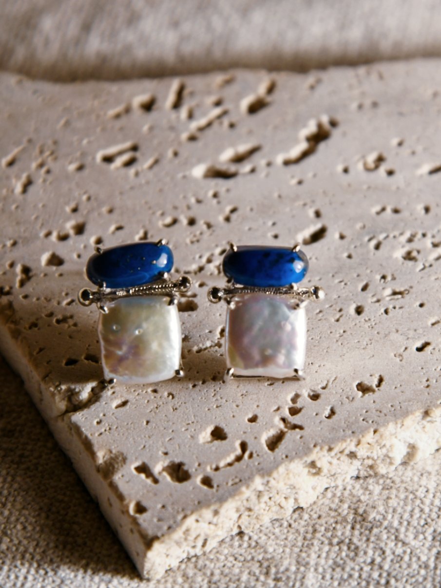 Ruri: A handcrafted Earrings featuring Lapis Lazuli Pearl and hues of Blue White.