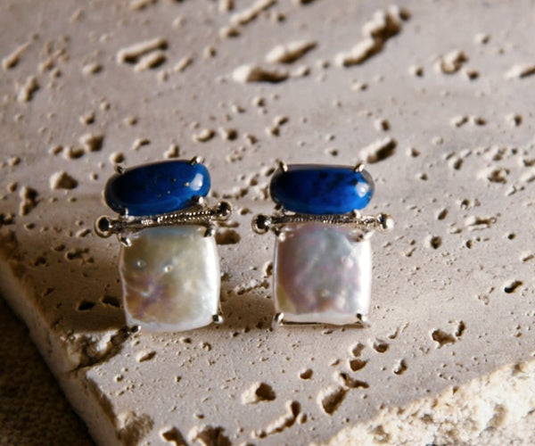 Ruri: A handcrafted Earrings featuring Lapis Lazuli Pearl and hues of Blue White.