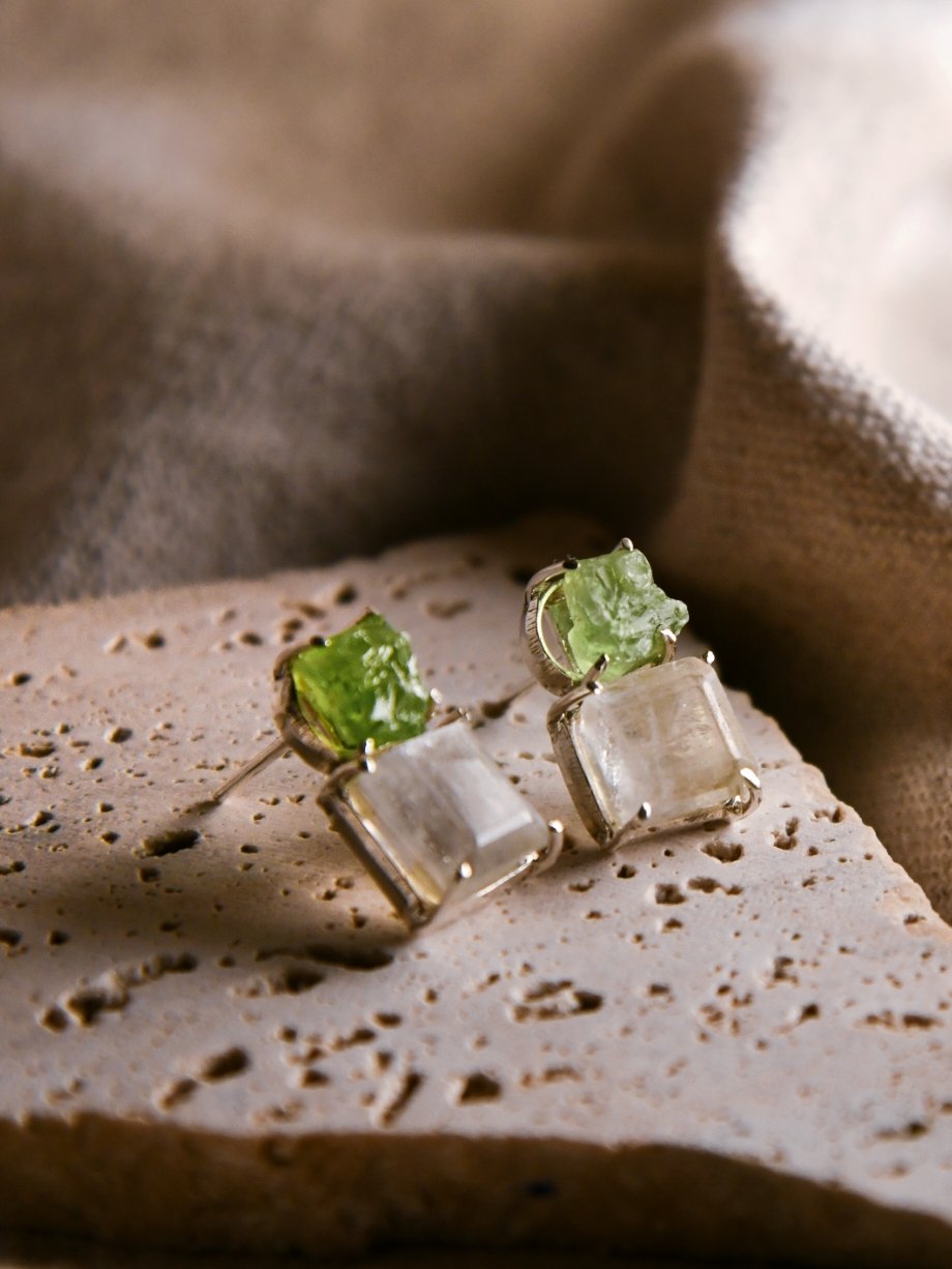 Kikusui: A handcrafted Earrings featuring Peridot Topaz and hues of Green White.