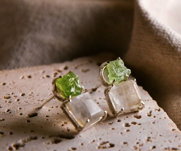 Kikusui: A handcrafted Earrings featuring Peridot Topaz and hues of Green White.