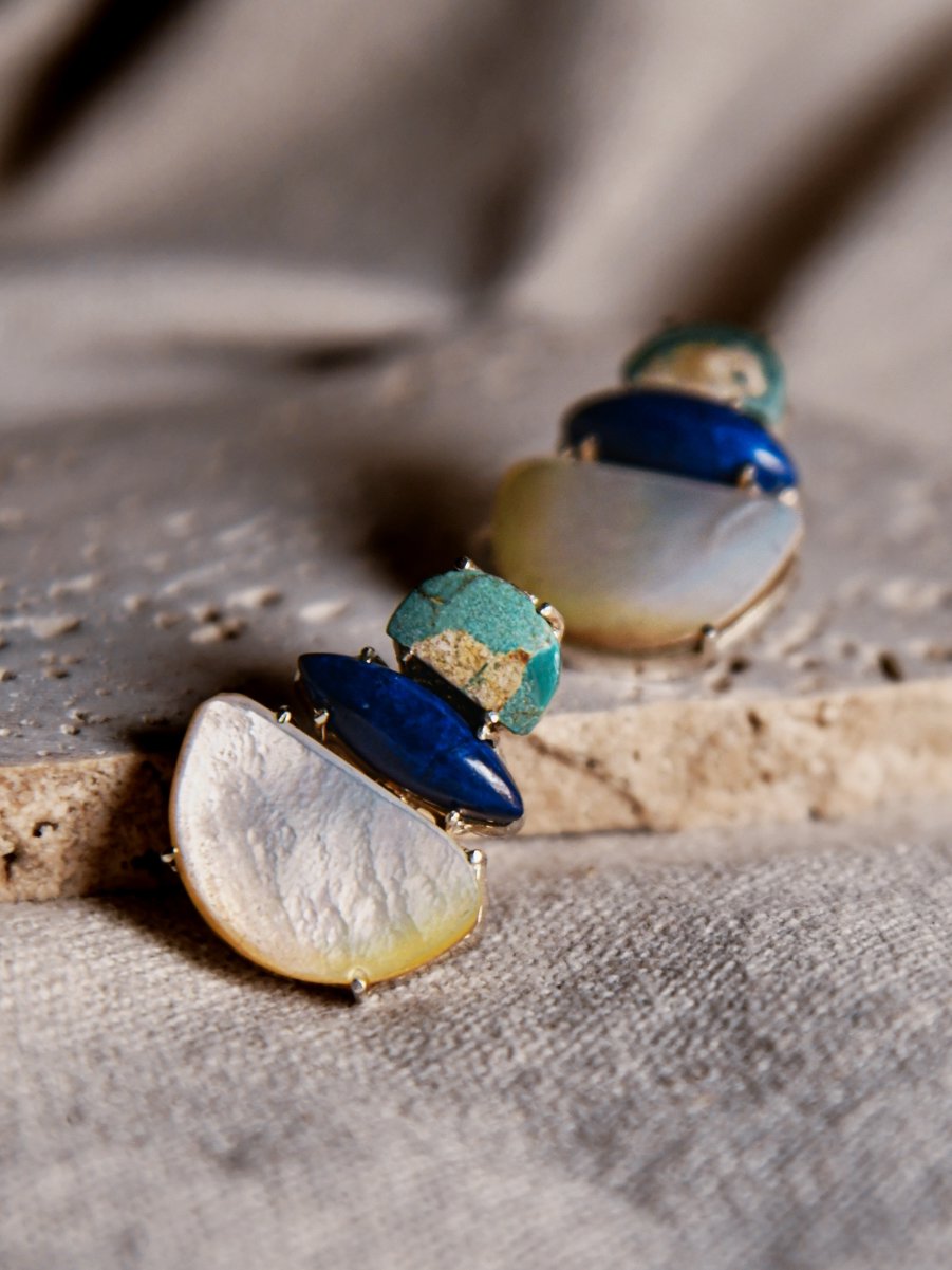 Asagao: A handcrafted Earrings featuring Turquoise Lapis Lazuli  Mother Pearl and hues of Green Blue White.