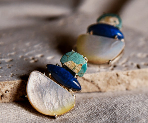 Asagao: A handcrafted Earrings featuring Turquoise Lapis Lazuli  Mother Pearl and hues of Green Blue White.