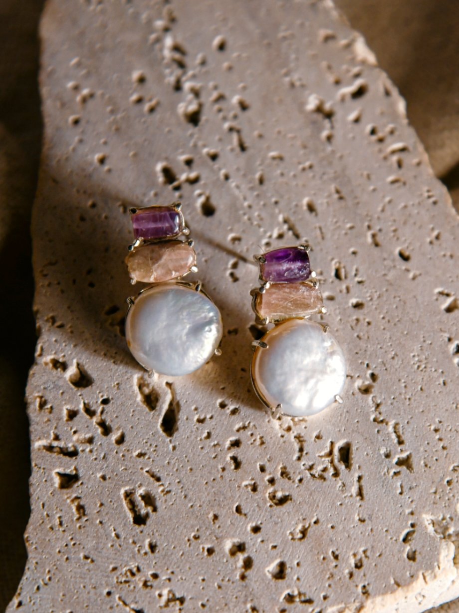 Momoiro: A handcrafted Earrings featuring Tourmaline Amethyst Pearl and hues of Pink Purple White.