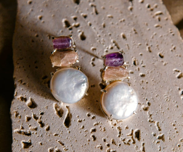 Momoiro: A handcrafted Earrings featuring Tourmaline Amethyst Pearl and hues of Pink Purple White.