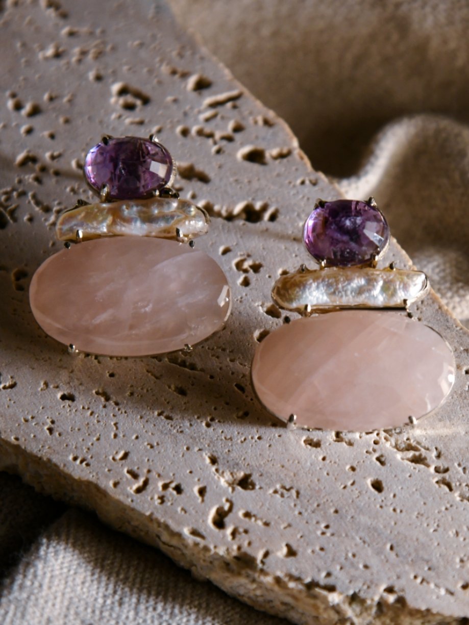 Sakura: A handcrafted Earrings featuring Amethyst Pearl Quartz and hues of Pink Purple White.