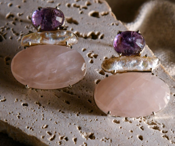 Sakura: A handcrafted Earrings featuring Amethyst Pearl Quartz and hues of Pink Purple White.