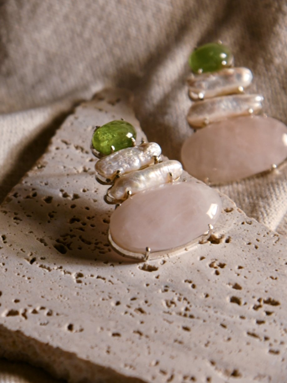 Eshe: A handcrafted Earrings featuring Peridot Pearl Quartz and hues of Green White Pink.