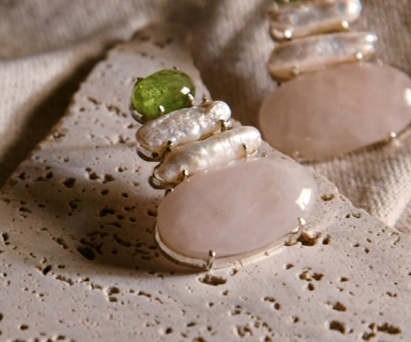 Eshe: A handcrafted Earrings featuring Peridot Pearl Quartz and hues of Green White Pink.