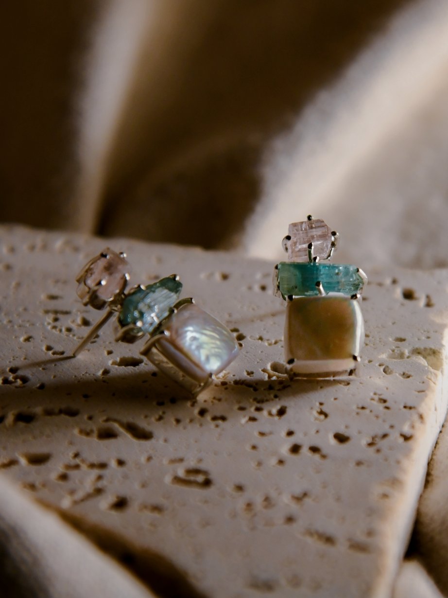 Nari: A handcrafted Earrings featuring Tourmaline Pearl and hues of Pink Green White.