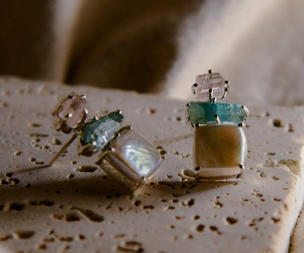 Nari: A handcrafted Earrings featuring Tourmaline Pearl and hues of Pink Green White.