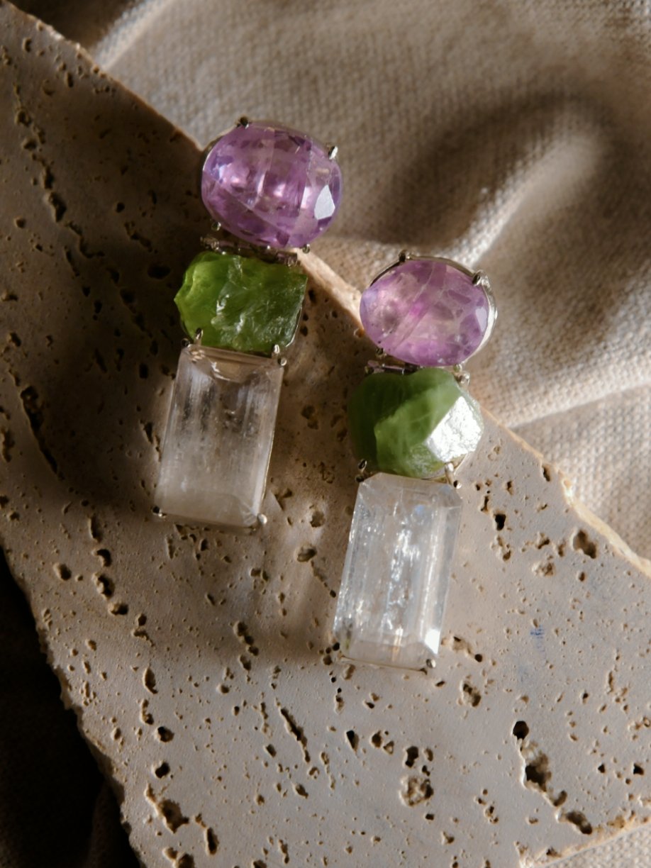 Shion: A handcrafted Earrings featuring Quartz Amethyst Peridot and hues of White Green Pink.